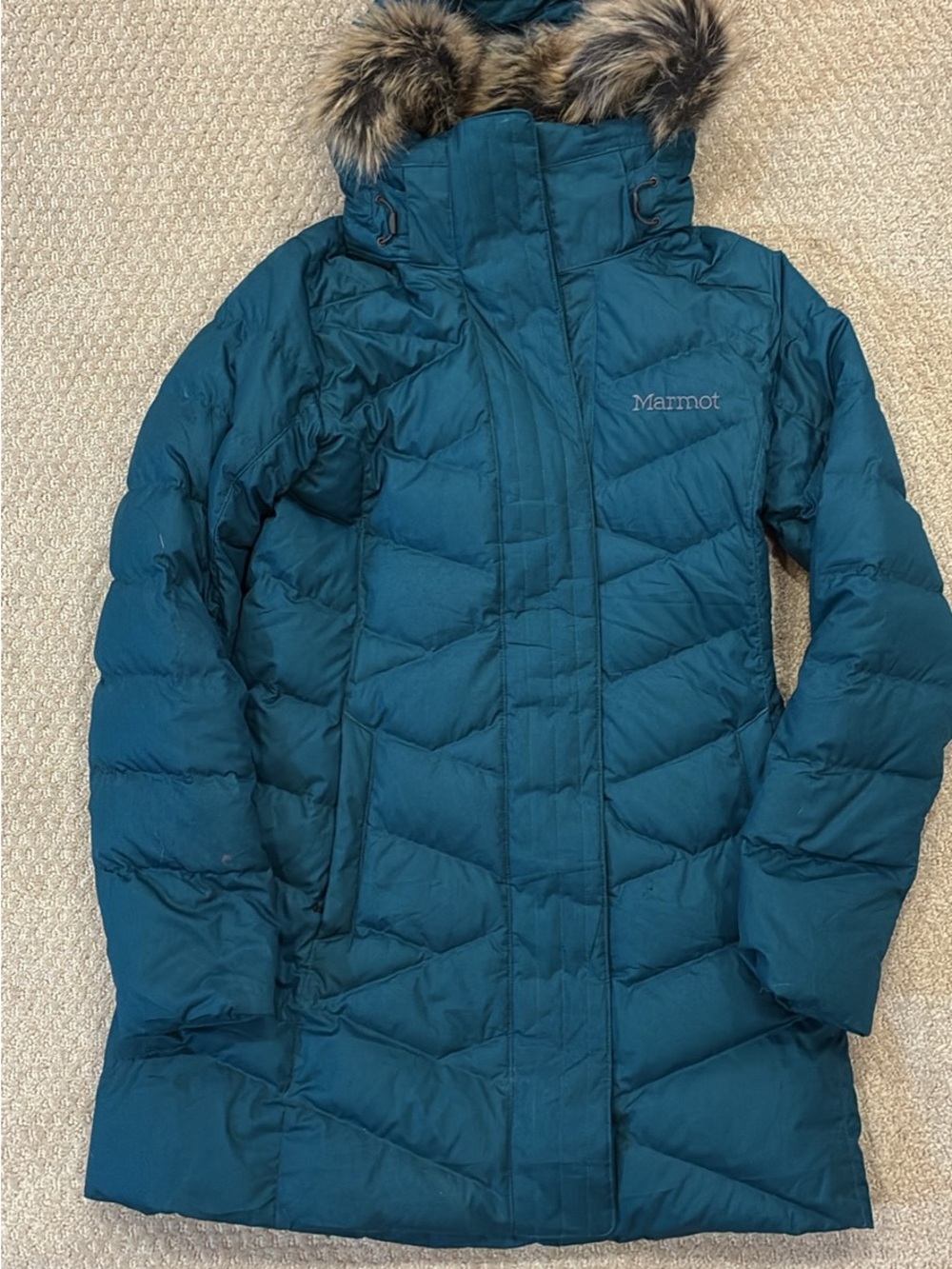 Marmot Teal Quilted Down Parka with Faux Fur Trim Hood